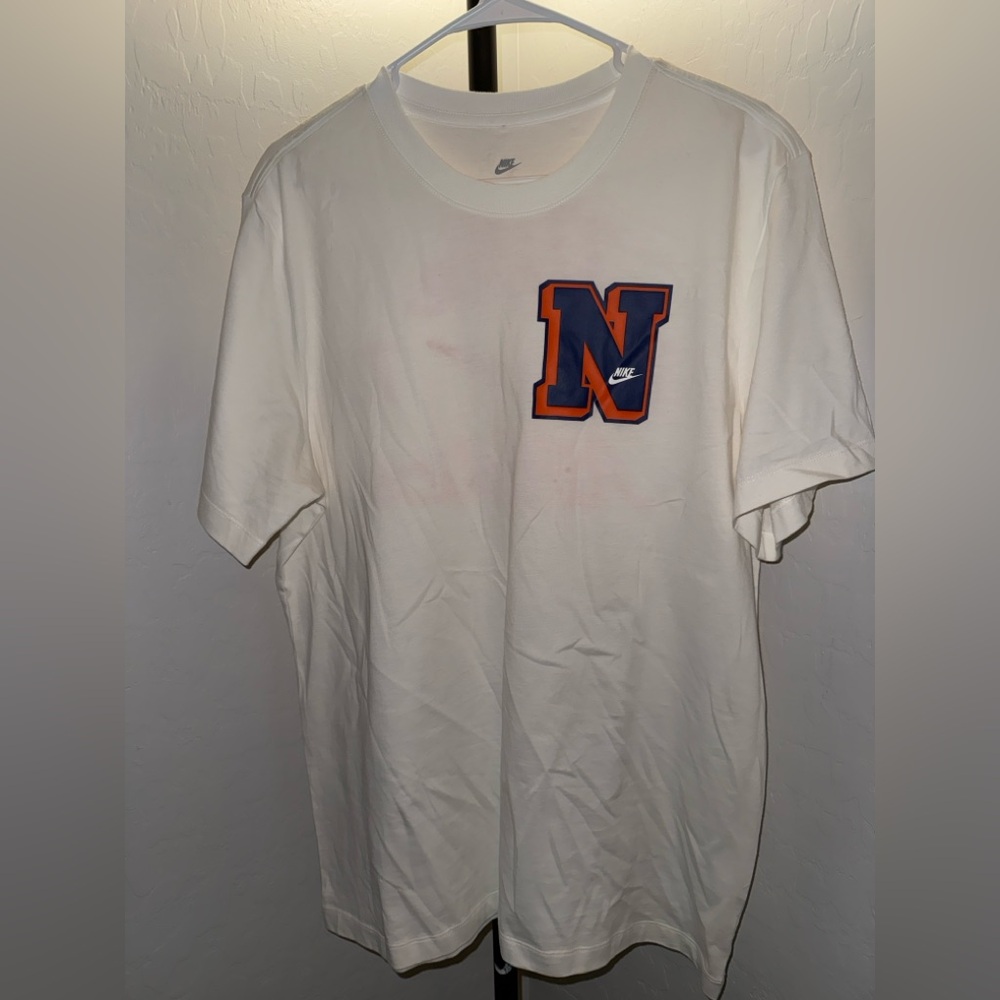 Nike Men's Cream Tee with Orange and Blue 'N' Logo